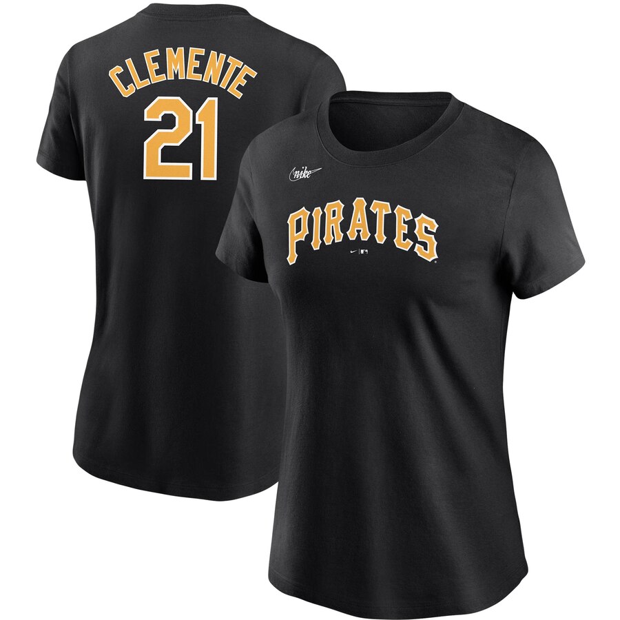 Pittsburgh Pirates #21 Roberto Clemente Nike Women's Cooperstown Collection Name & Number T-Shirt Black